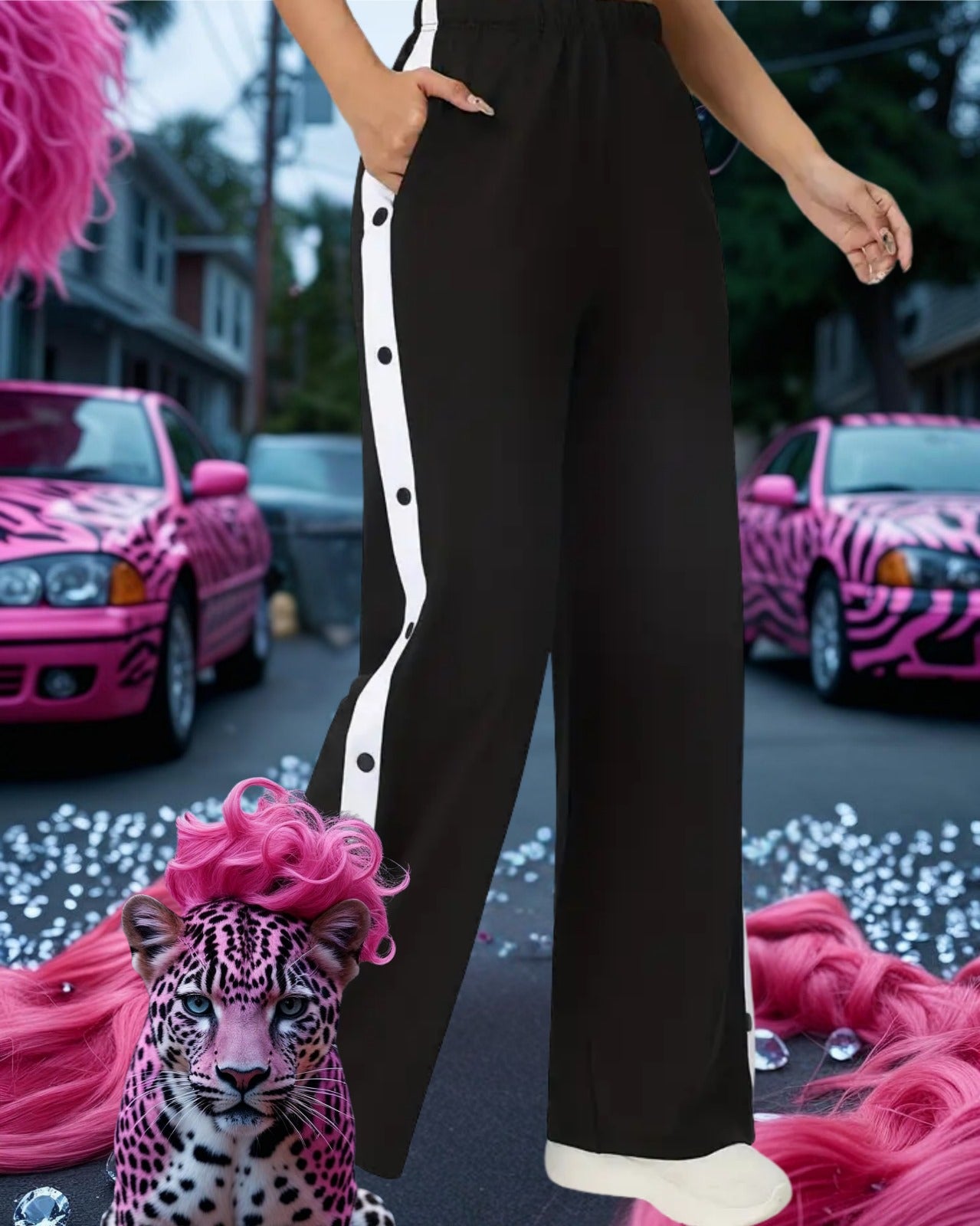 Pantalones Deportivos Casuales de Talla Grande con Cintura Alta y Rayas Laterales