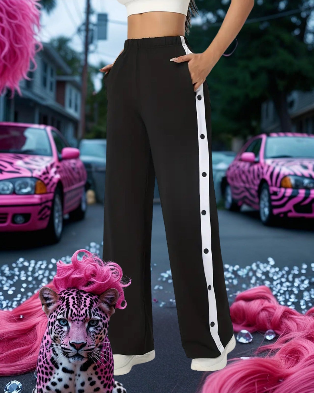 Pantalones Deportivos Casuales de Talla Grande con Cintura Alta y Rayas Laterales