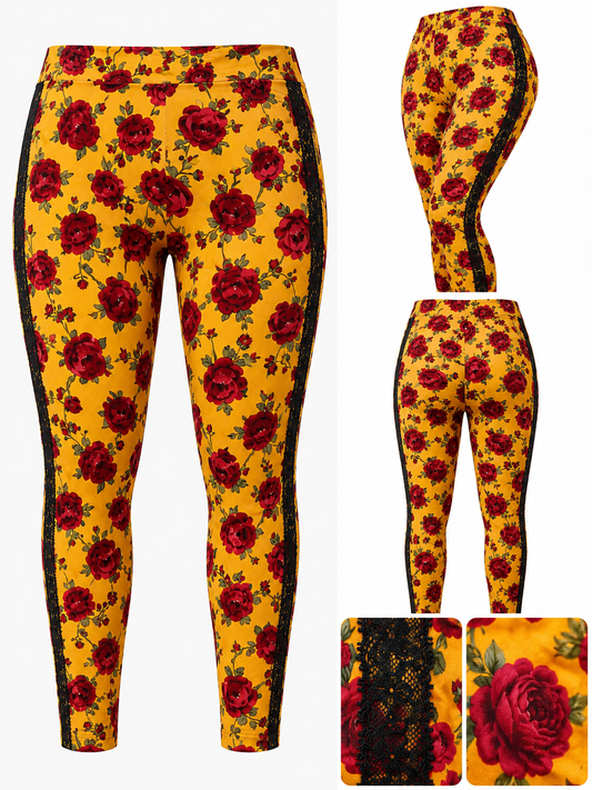 Leggings Florales con Encaje Lateral