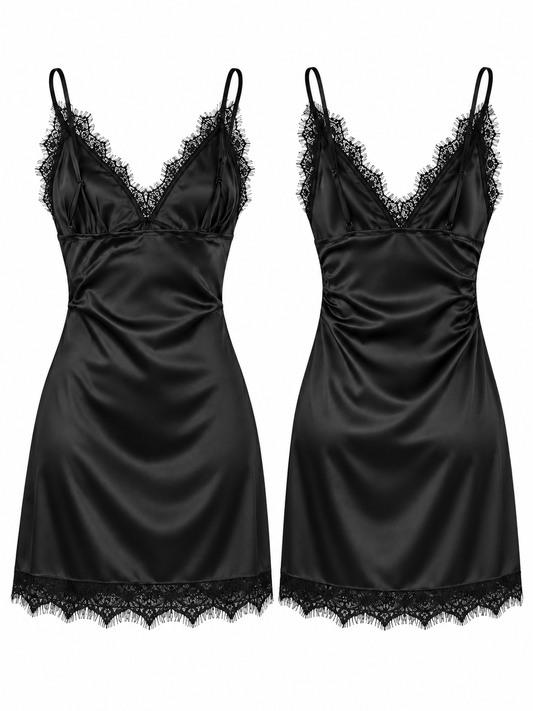 Vestido Satén Negro Diva con Encaje