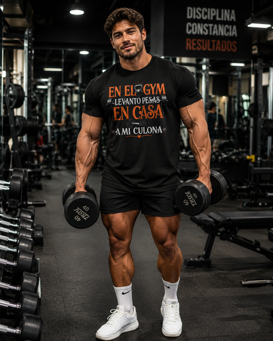 CAMISETA “En el gym levanto pesas. En casa… a mi culona.”