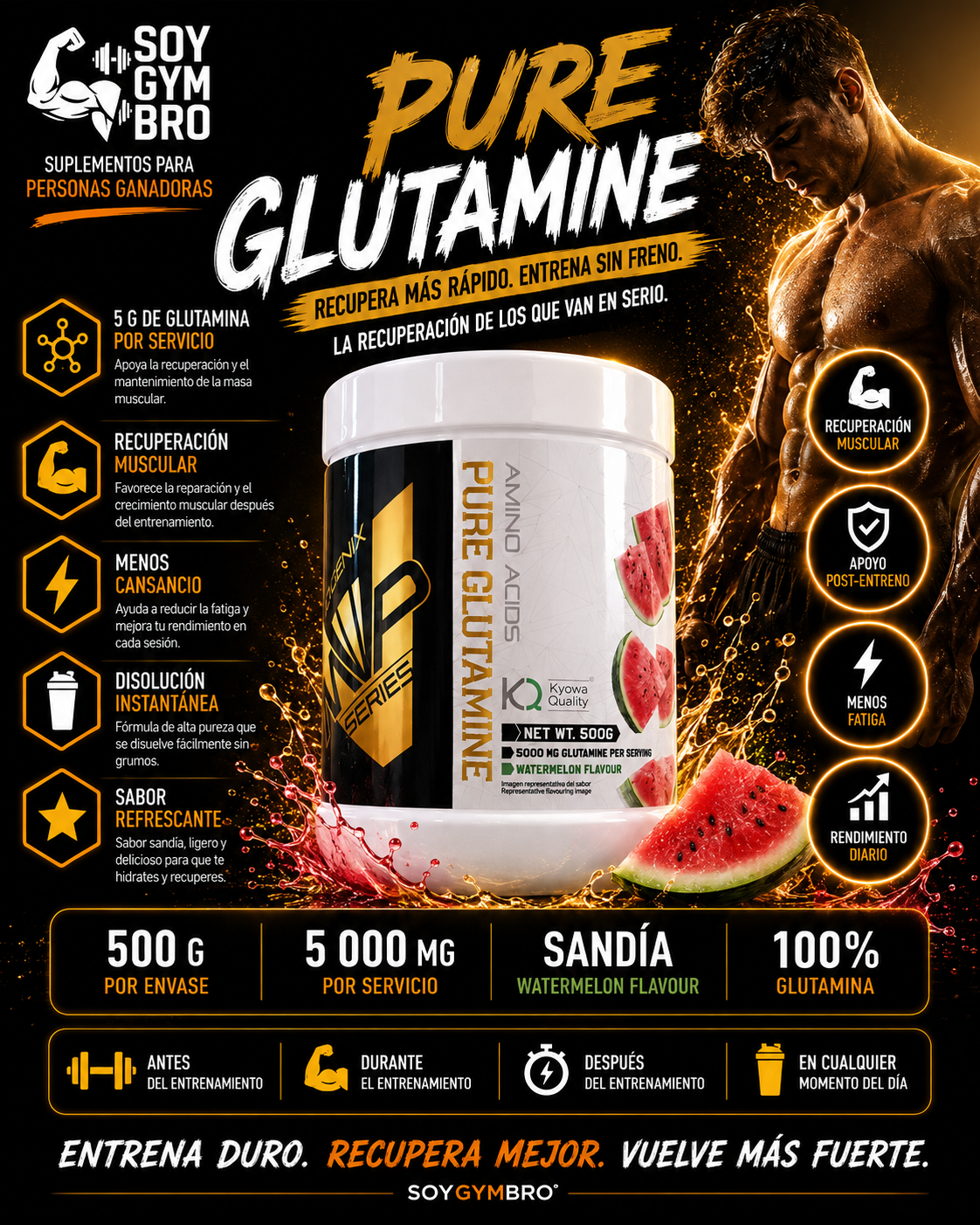 Pure Glutamine SoyGymBro - Suplemento de Glutamina sabor sandía 500g
