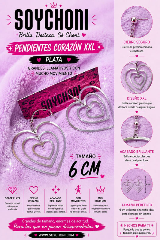 🩶 Boucles d'oreilles cœur XXL argent · 6 cm