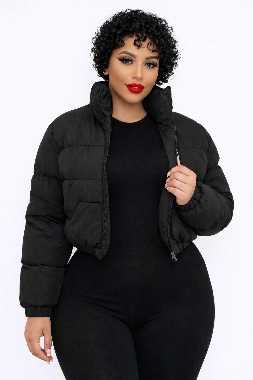 Chaqueta Acolchada Crop con Cuello Alto