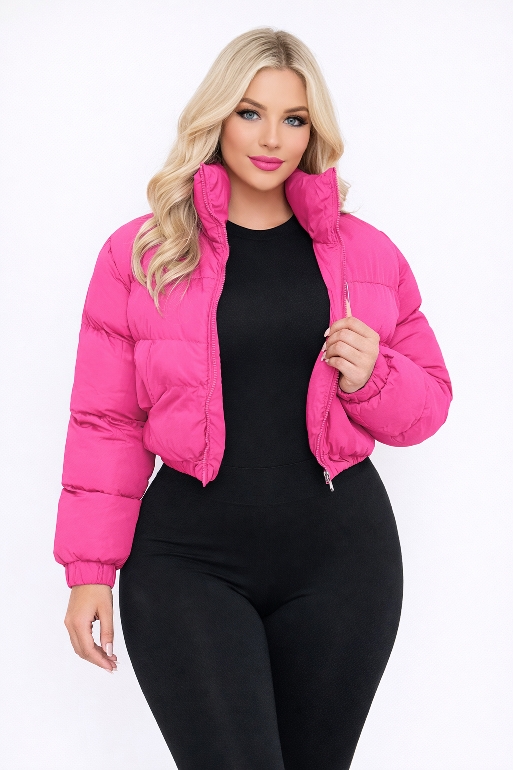Chaqueta Acolchada Crop con Cuello Alto