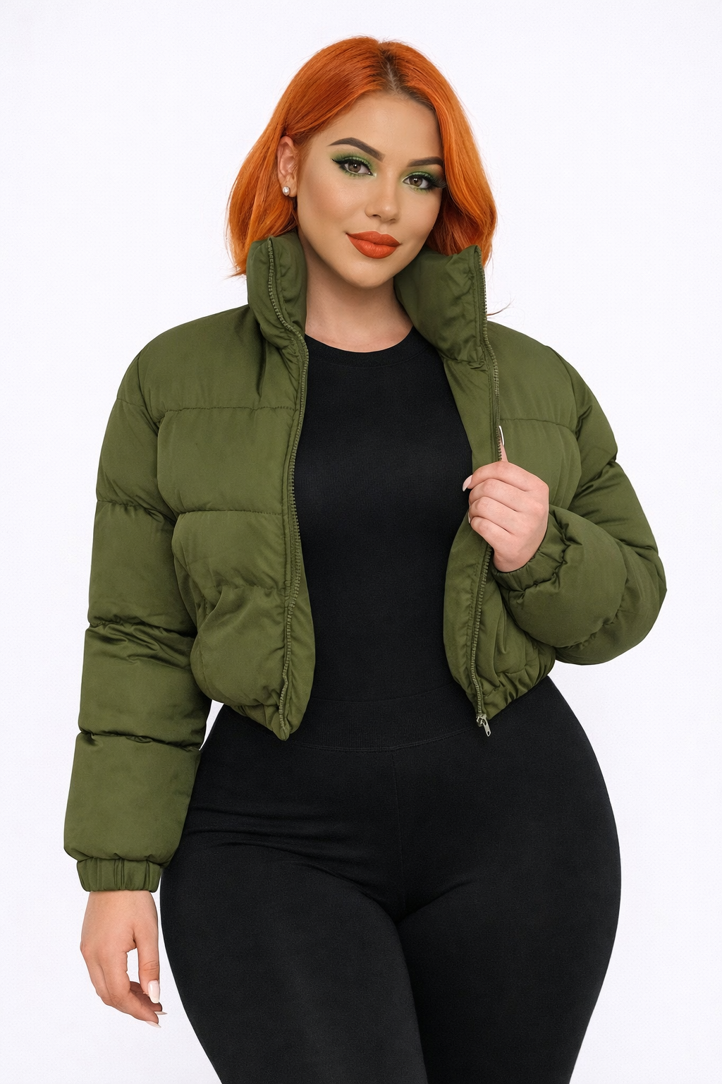 Chaqueta Acolchada Crop con Cuello Alto