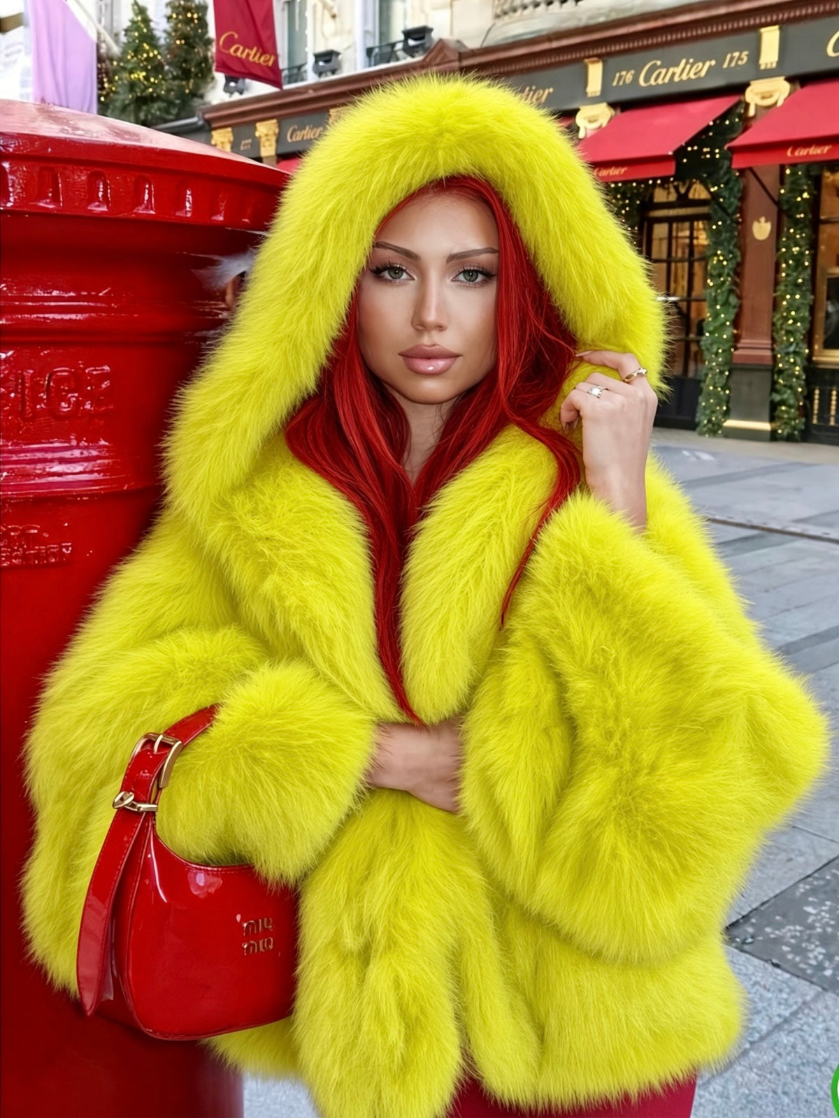 Abrigo amarillo fosforito de pelo suave con capucha y bolsillos, vista frontal