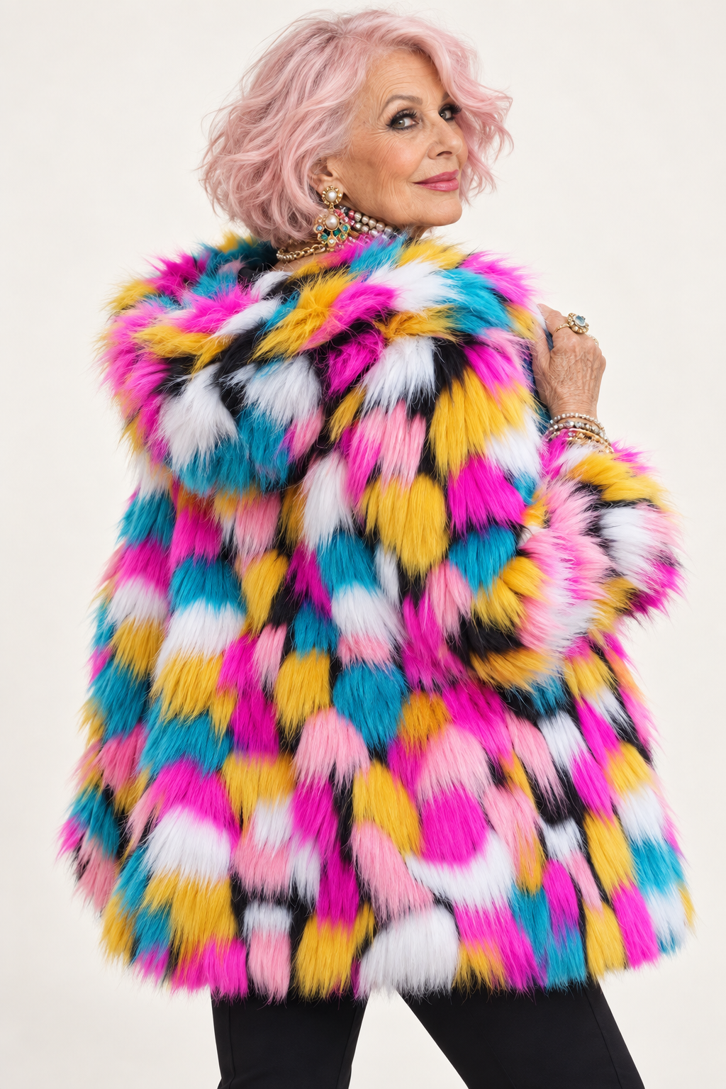 Abrigo de pelo multicolor con capucha — vista 3