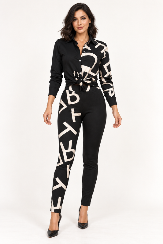 Conjunto negro y crema en modelo talla M