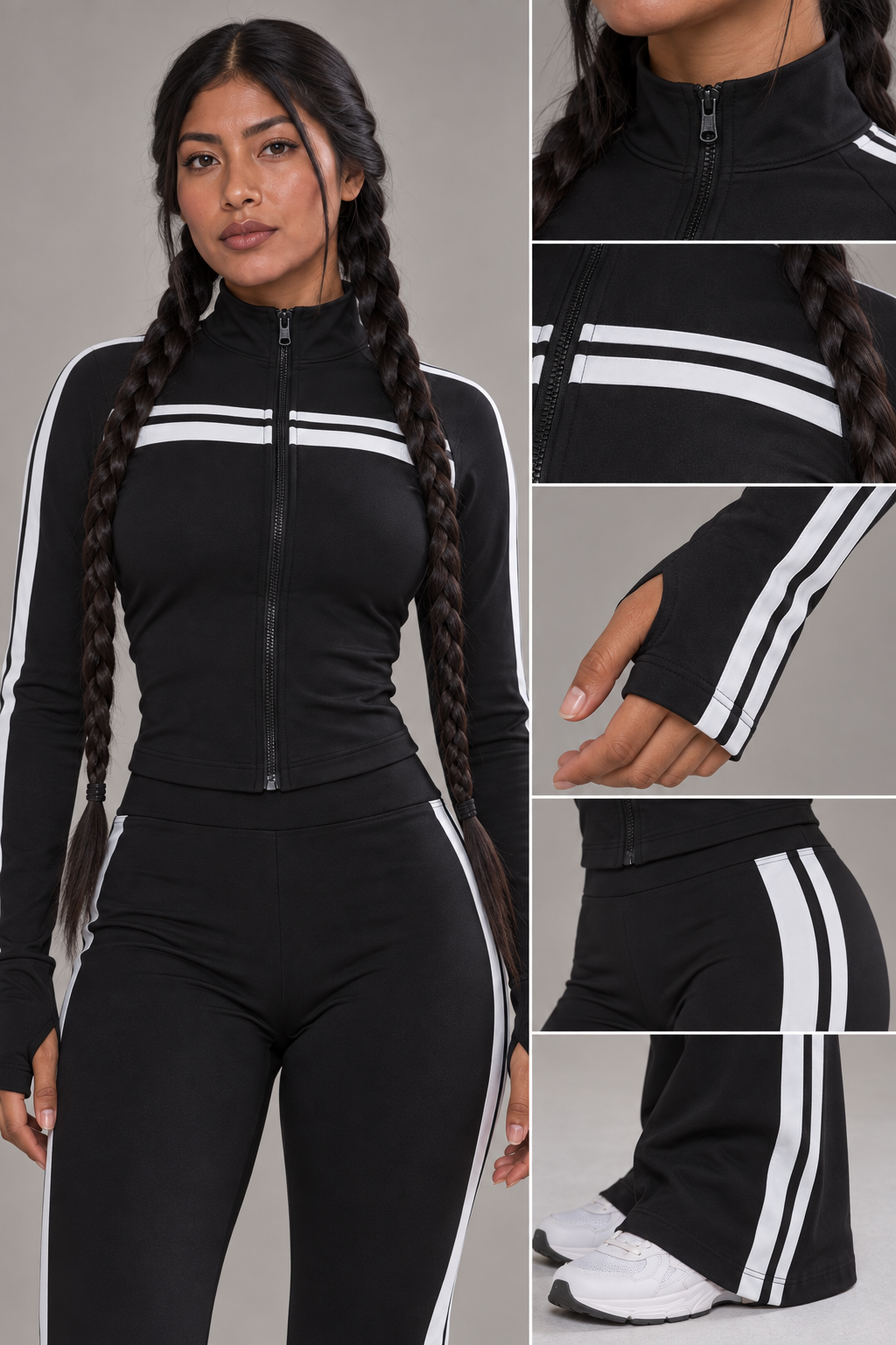 Detalles de la chaqueta y el pantalón del conjunto deportivo negro SoyGymBro