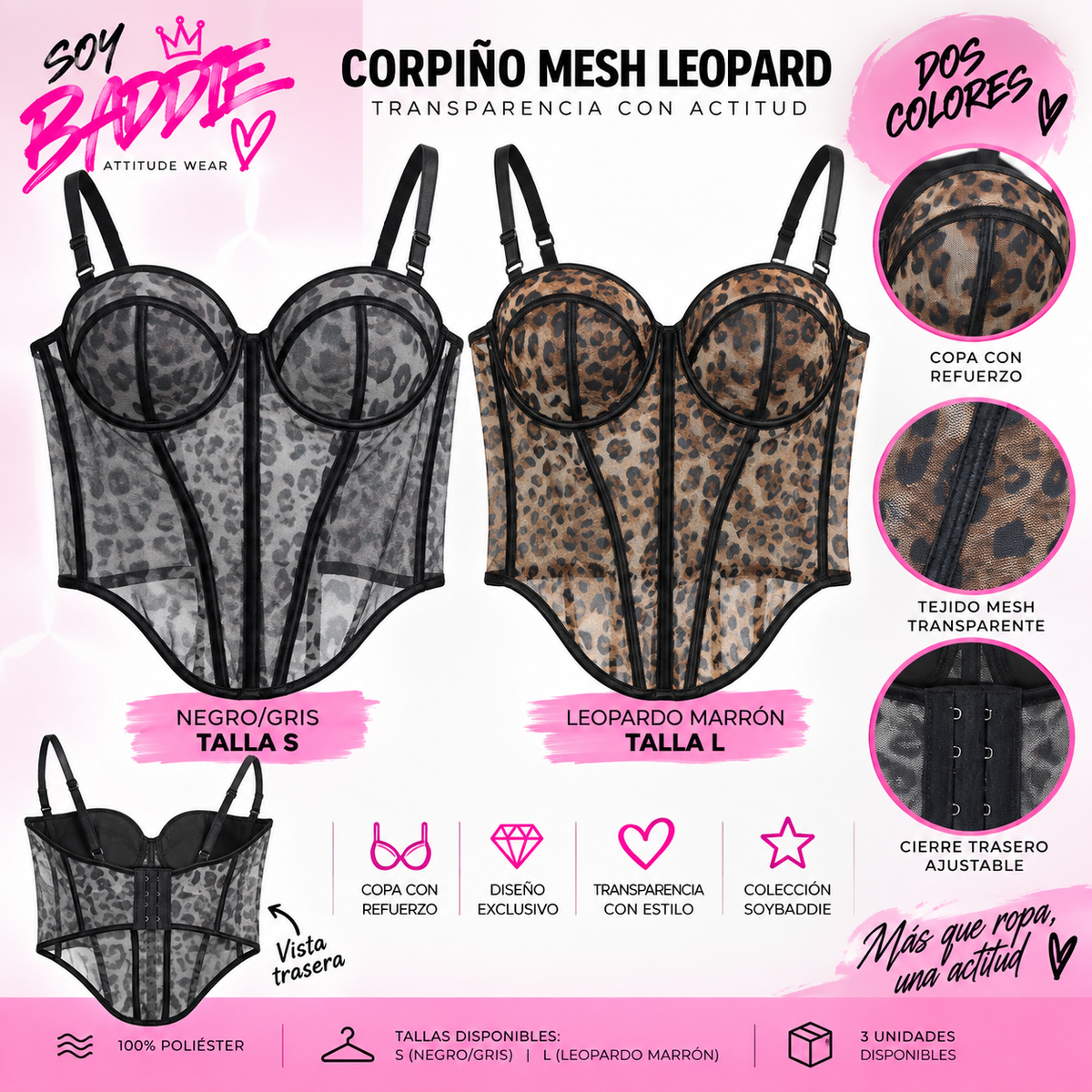 Corpiño mesh leopardo SoyBaddie en negro gris y marrón