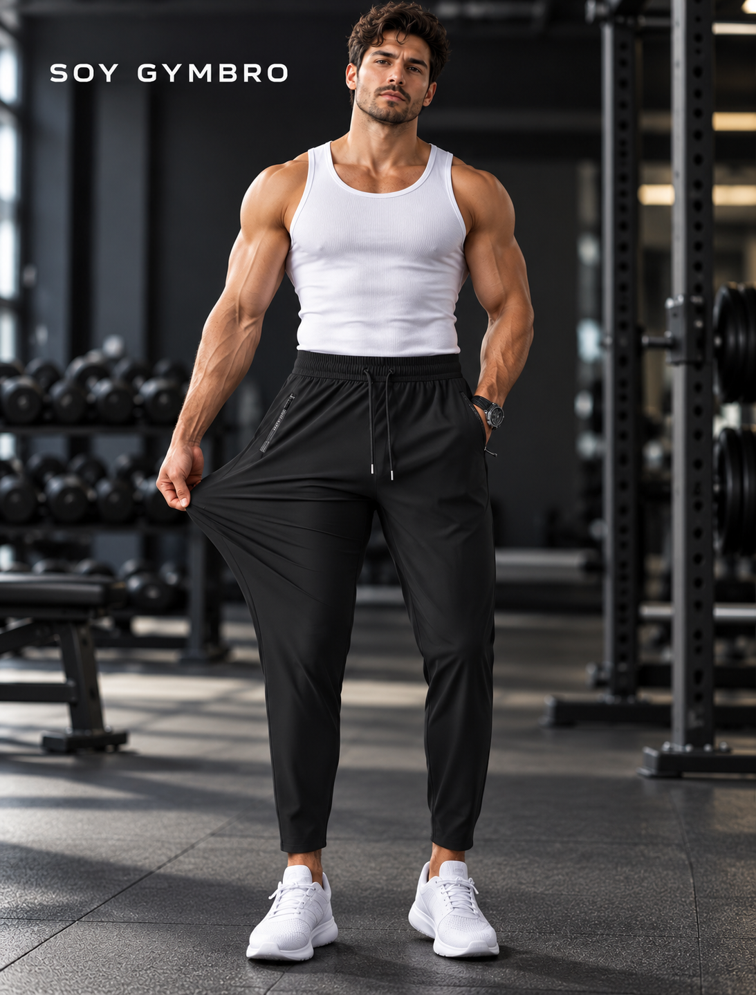Pantalón negro Soy Gymbro, vista frontal mostrando elasticidad