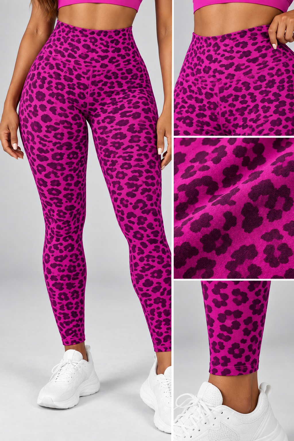 Detalles del tejido y cintura de los leggings leopardo fucsia SoyGymBro