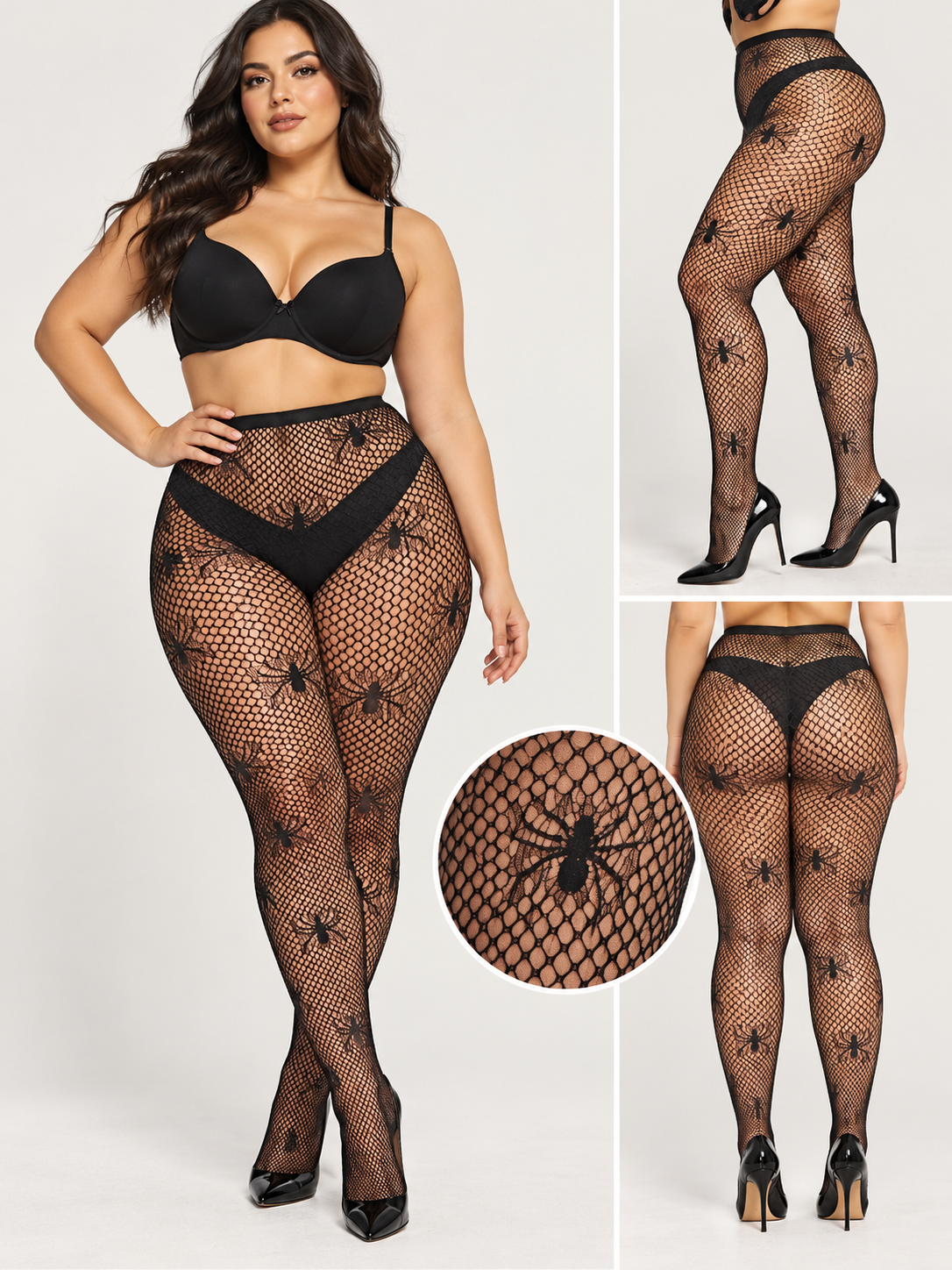Medias negras de rejilla con arañas en modelo talla L