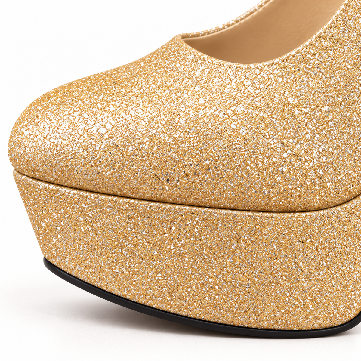 Detalle de la punta y plataforma glitter Midas