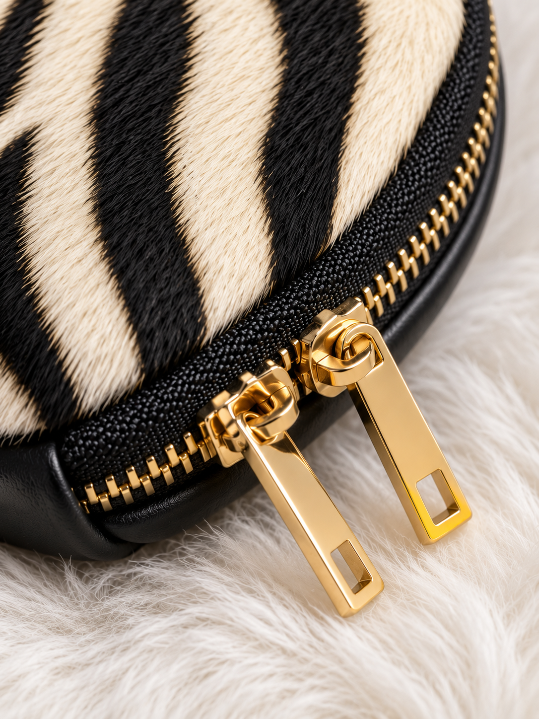 Monedero Zebra Chic — detalle de cremallera dorada