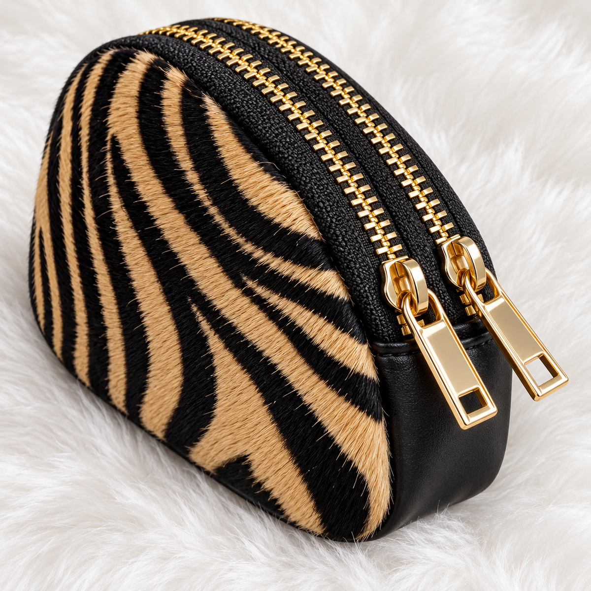 Detalle de las dos cremalleras doradas del monedero Zebra Chic