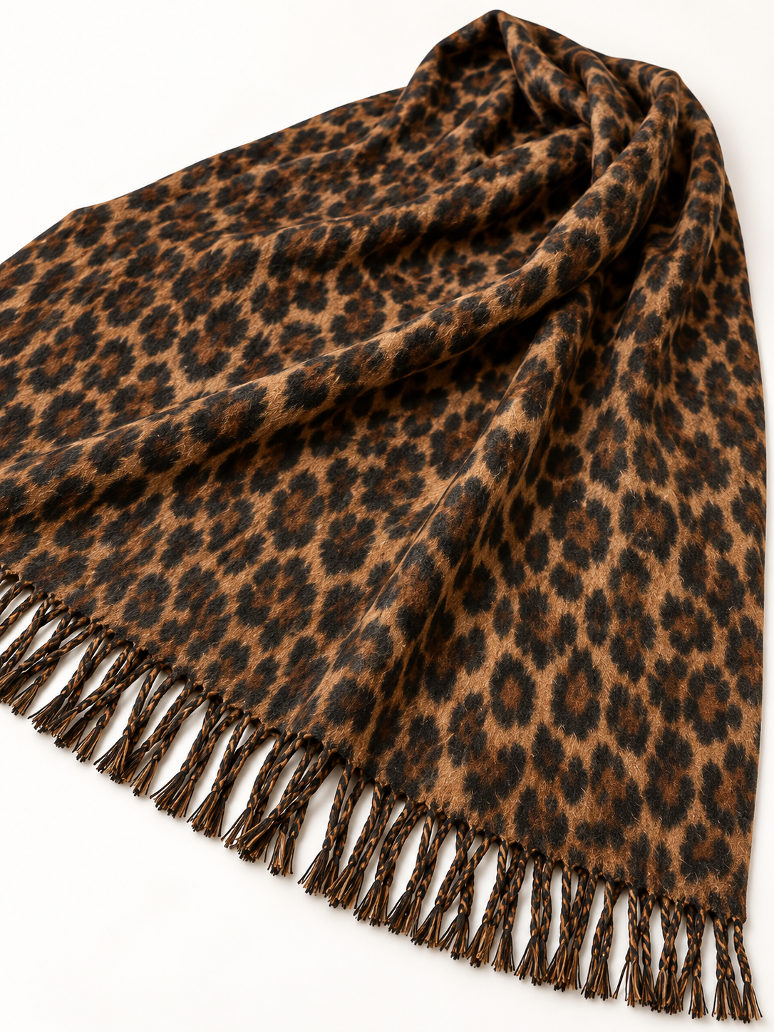 Pashmina Wild Queen de leopardo — detalle del tejido y flecos