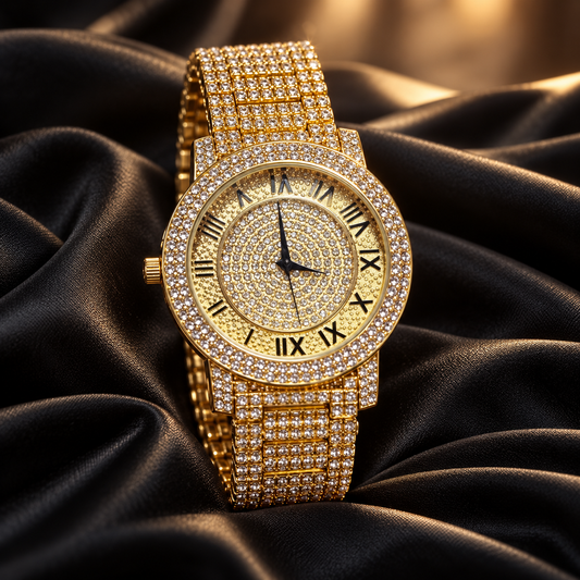 Reloj dorado con pedrería sobre satén negro