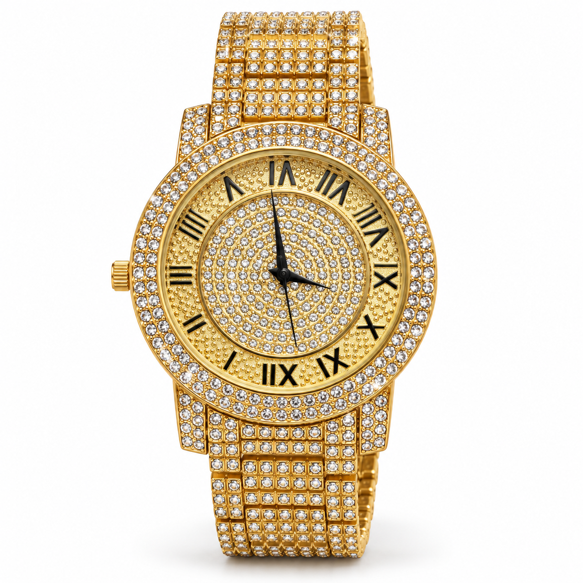 Vista frontal del reloj dorado con pedrería