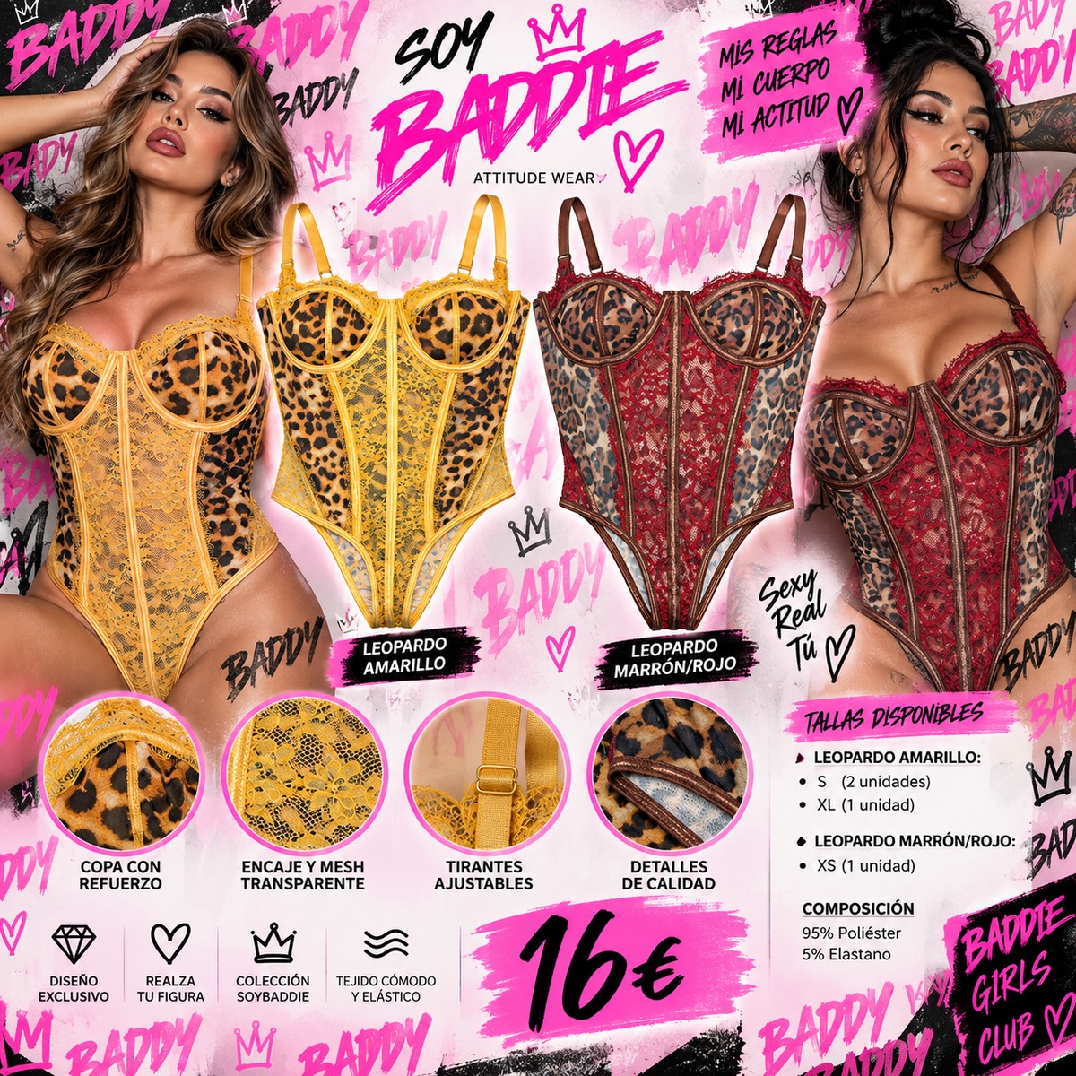 Diseño promocional SoyBaddie del body corsé leopardo en amarillo y marrón rojo