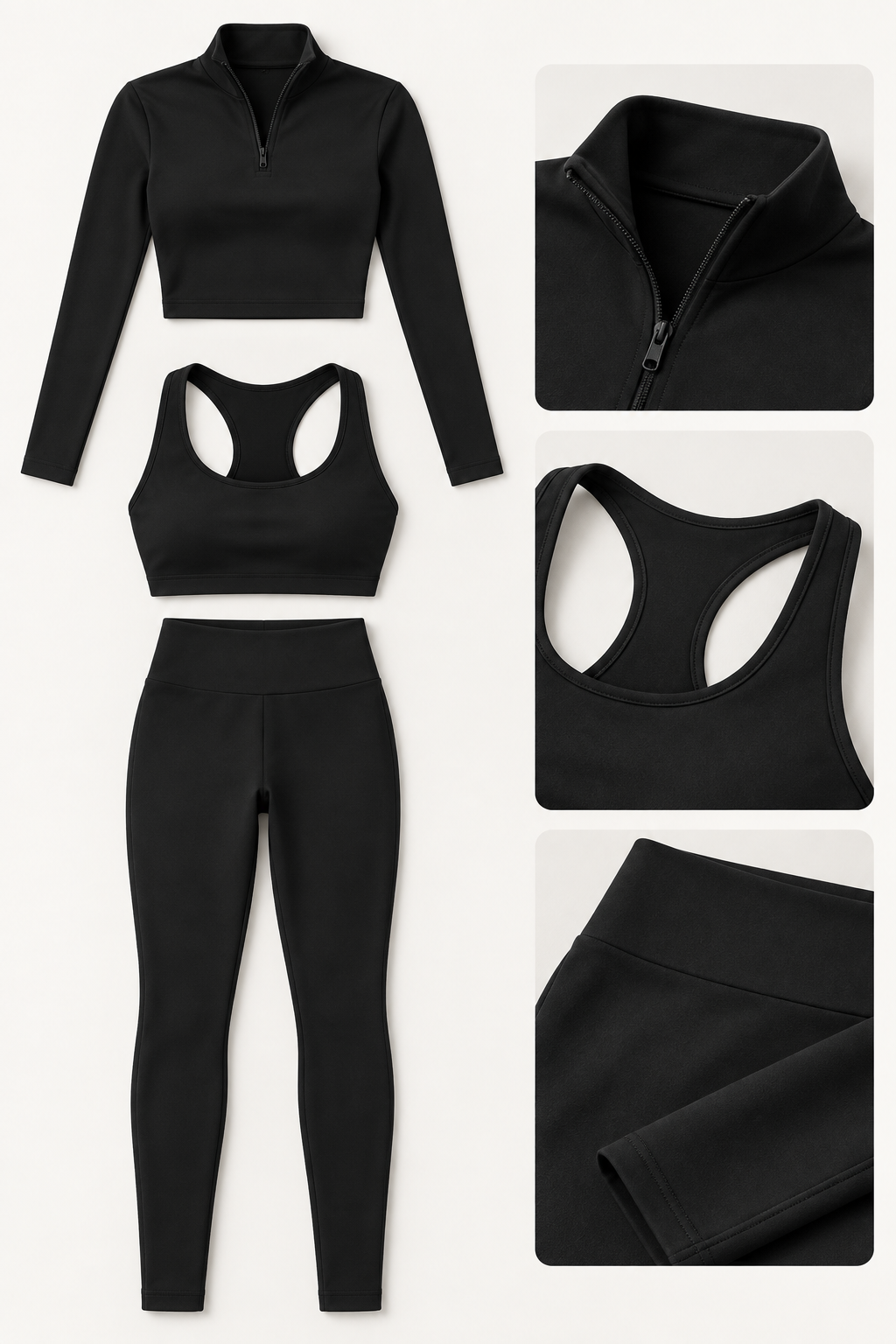 Detalles de las tres prendas del conjunto deportivo negro SoyGymBro