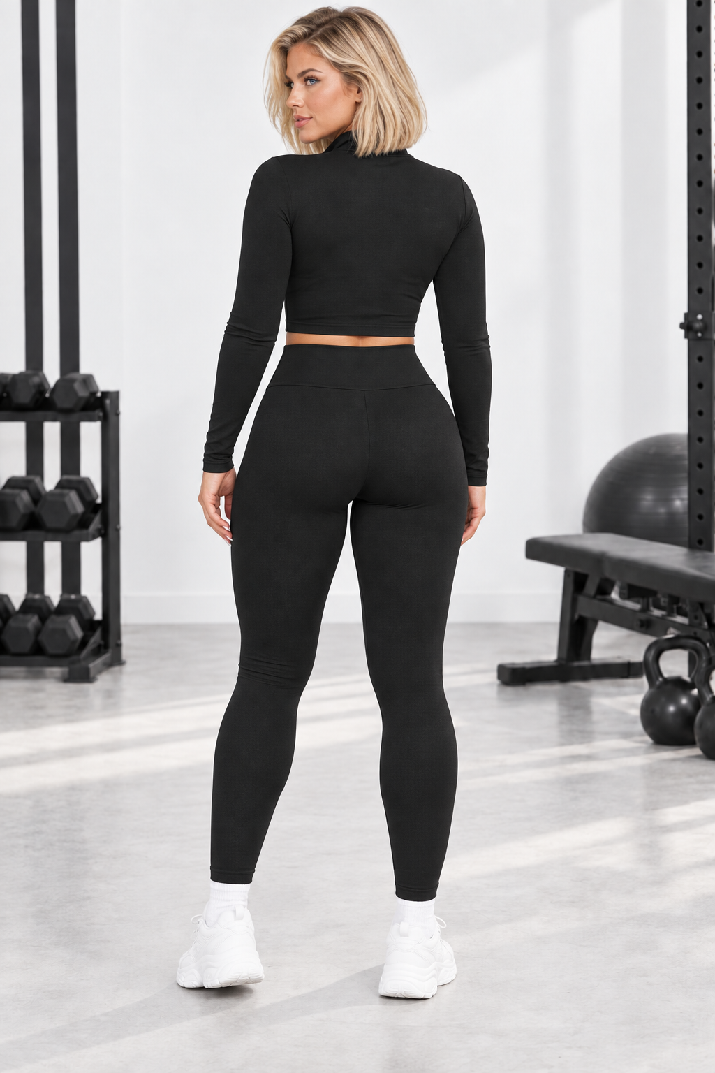 Conjunto deportivo negro de tres piezas SoyGymBro, vista de espalda