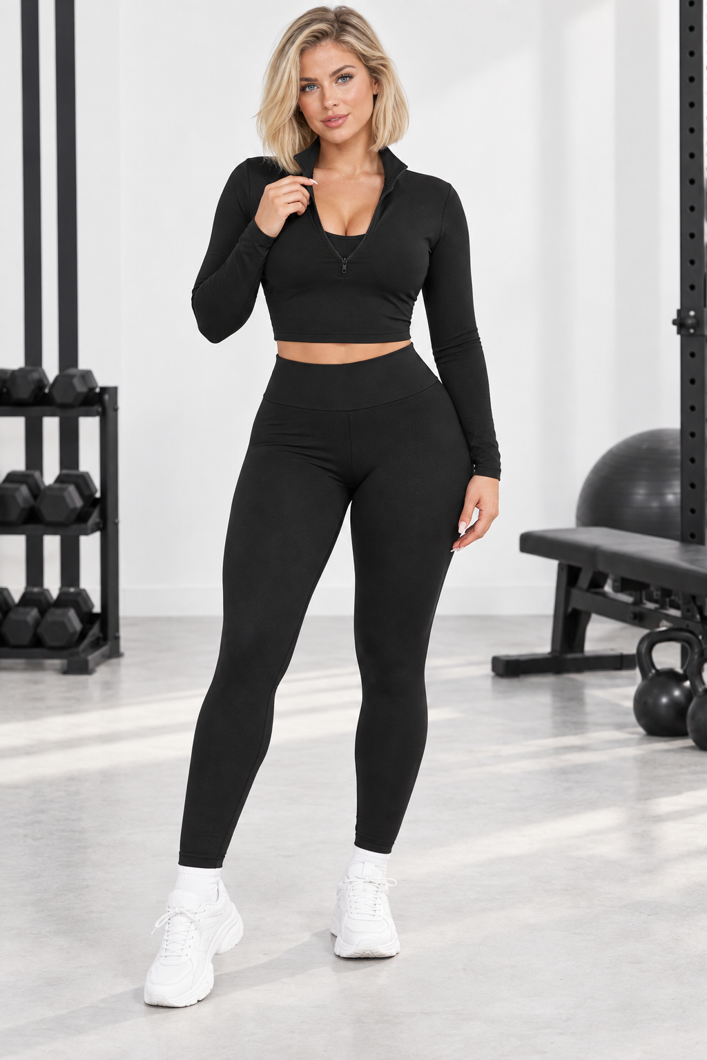 Conjunto deportivo negro de tres piezas SoyGymBro, vista frontal