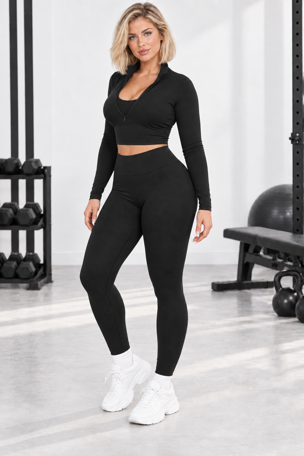 Conjunto deportivo negro de tres piezas SoyGymBro, vista tres cuartos