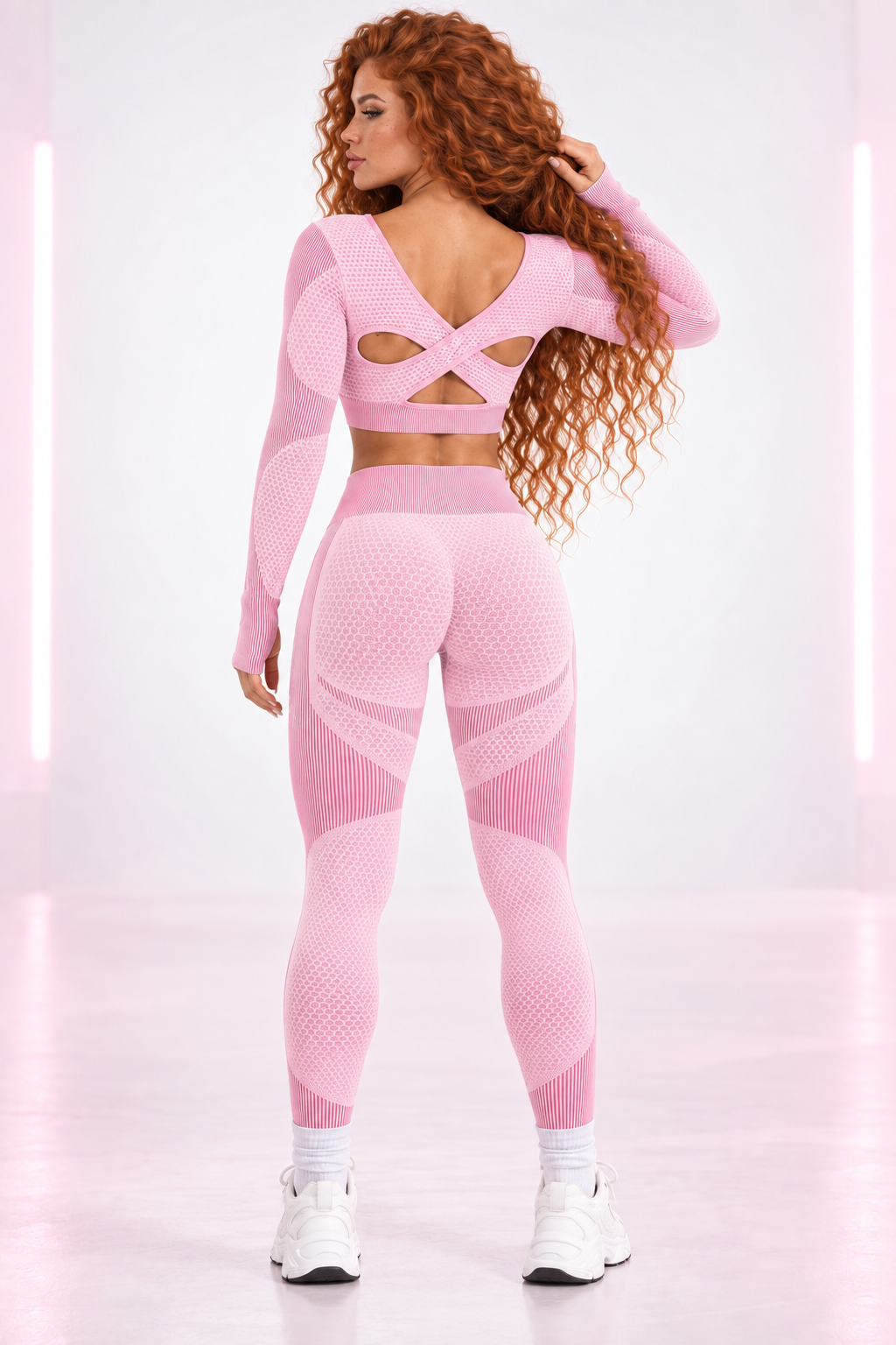 Conjunto deportivo seamless rosa SoyGymBro, espalda cruzada