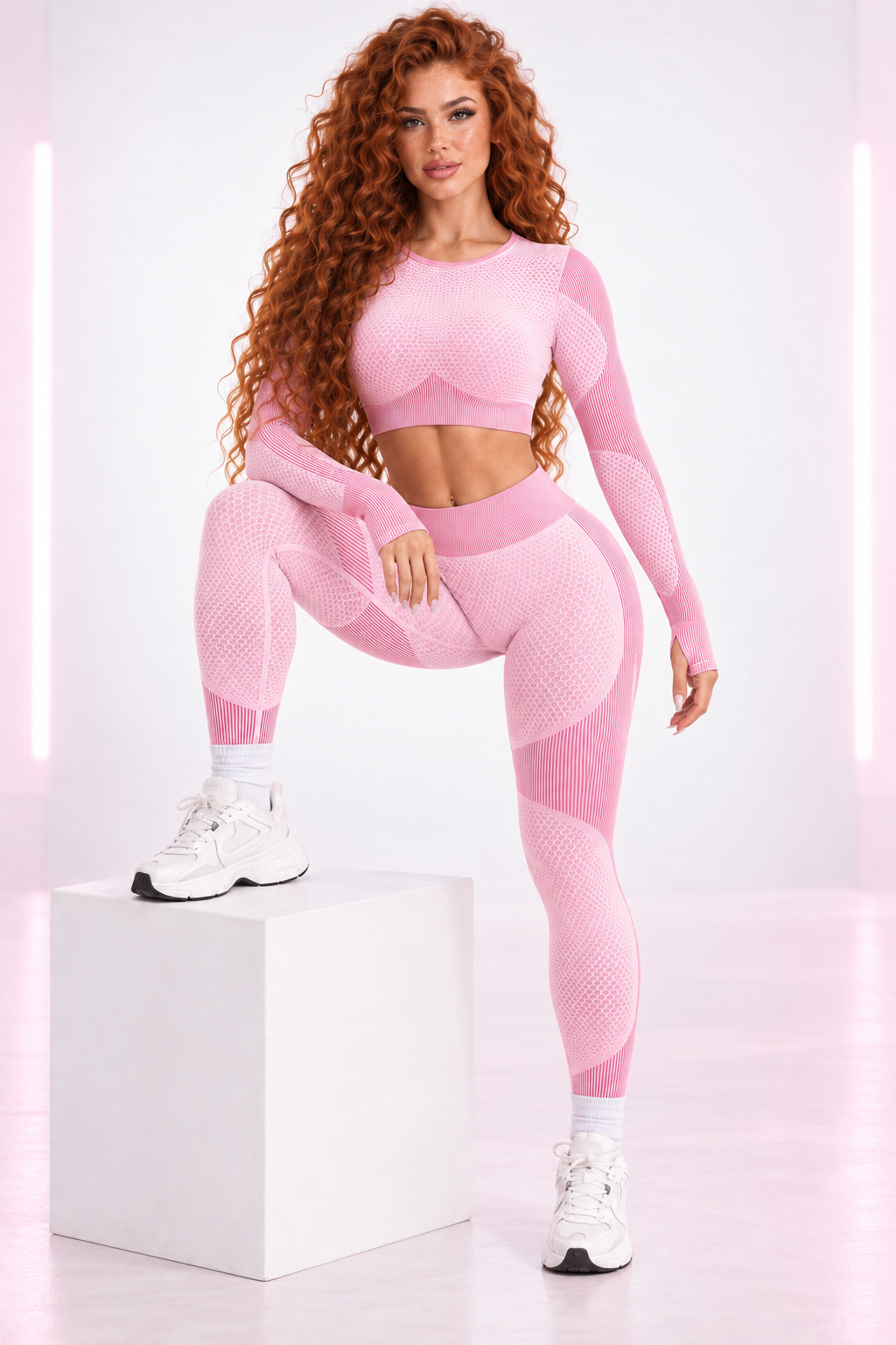 Conjunto deportivo seamless rosa SoyGymBro en pose deportiva