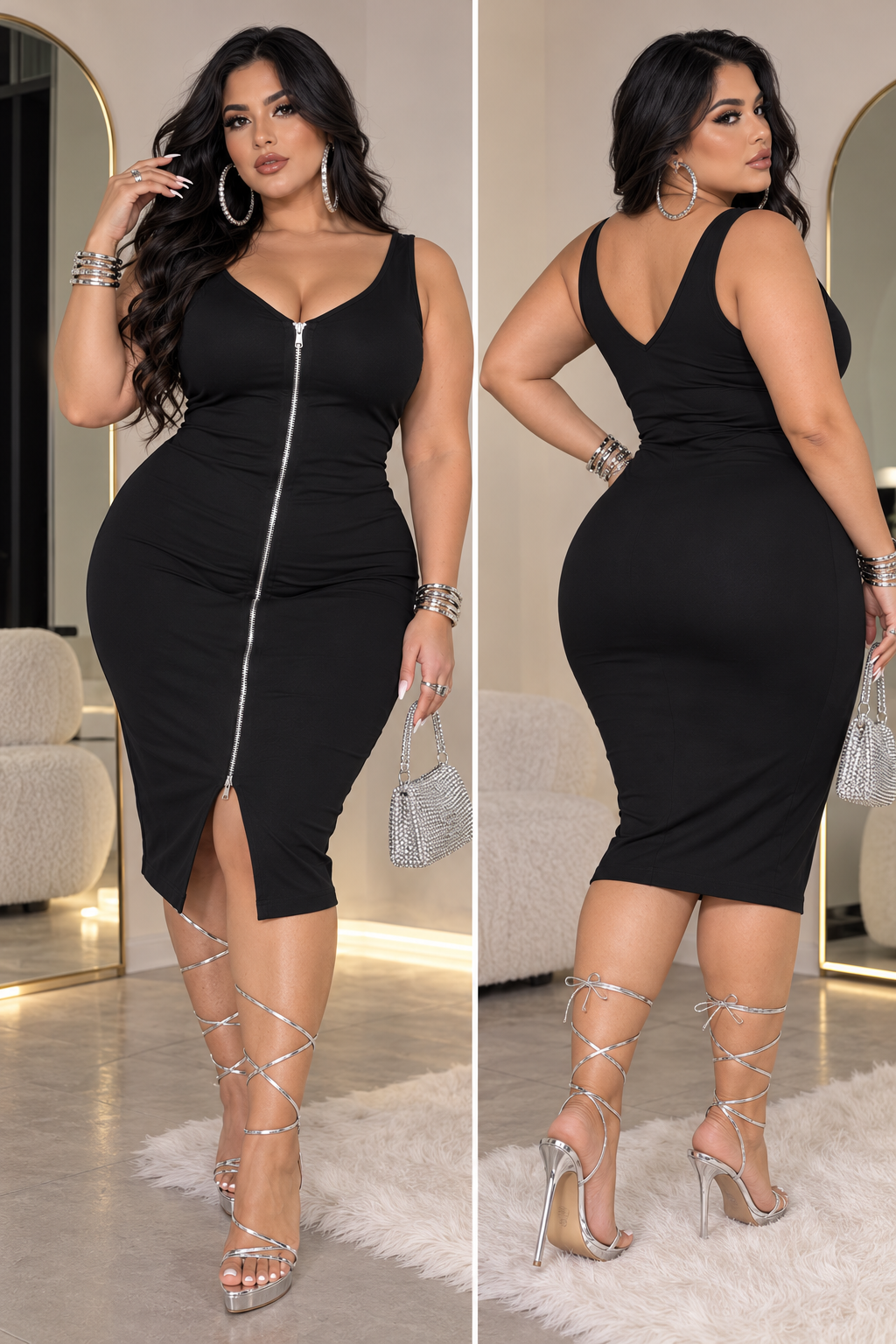 Modelo XL con vestido negro cremallera y tacones plata